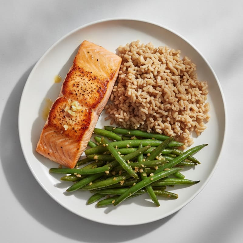 Seared Salmon with Garlic Green Beans and Brown Rice