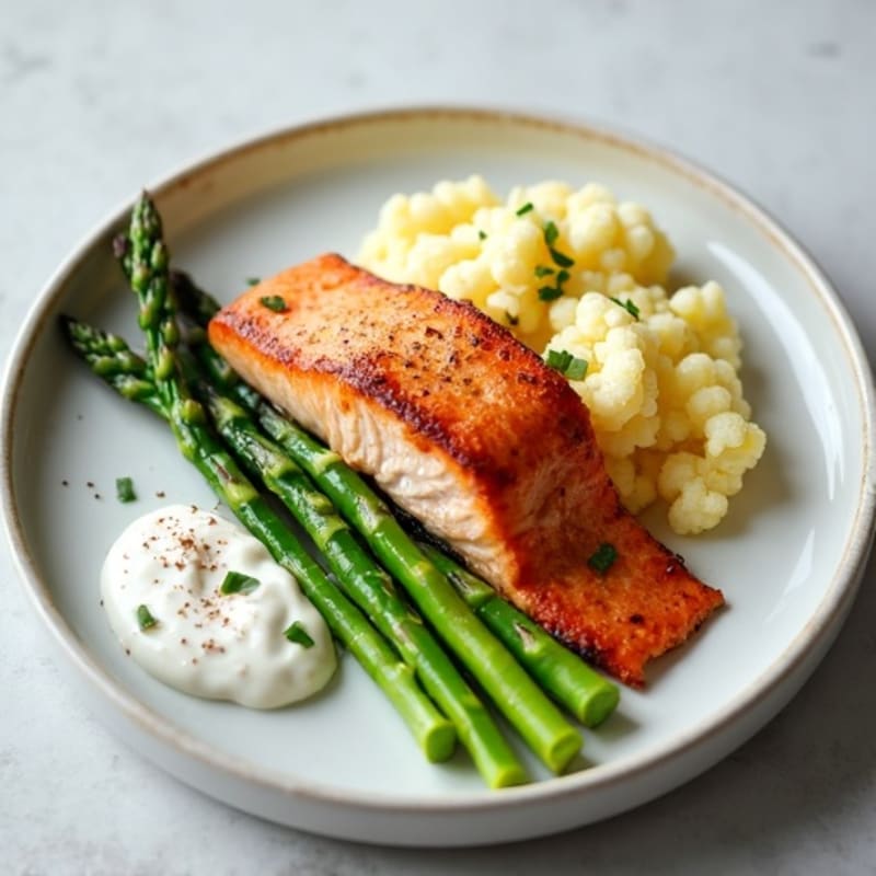 Seared Salmon with Steamed Asparagus and Mashed Cauliflower