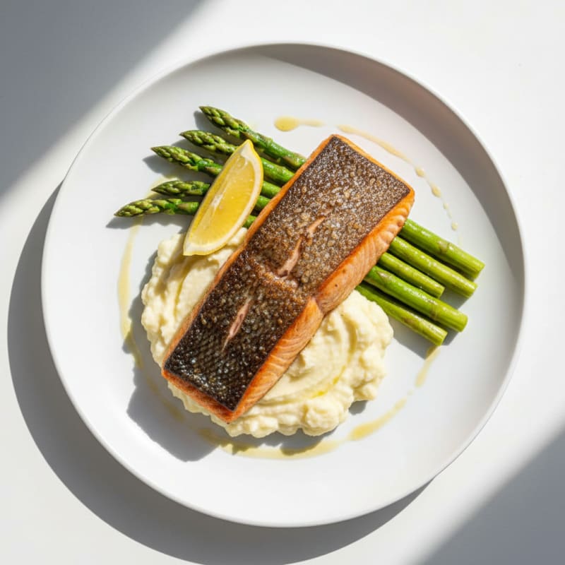 Seared Salmon Fillet with Steamed Asparagus and Garlic Mashed Cauliflower
