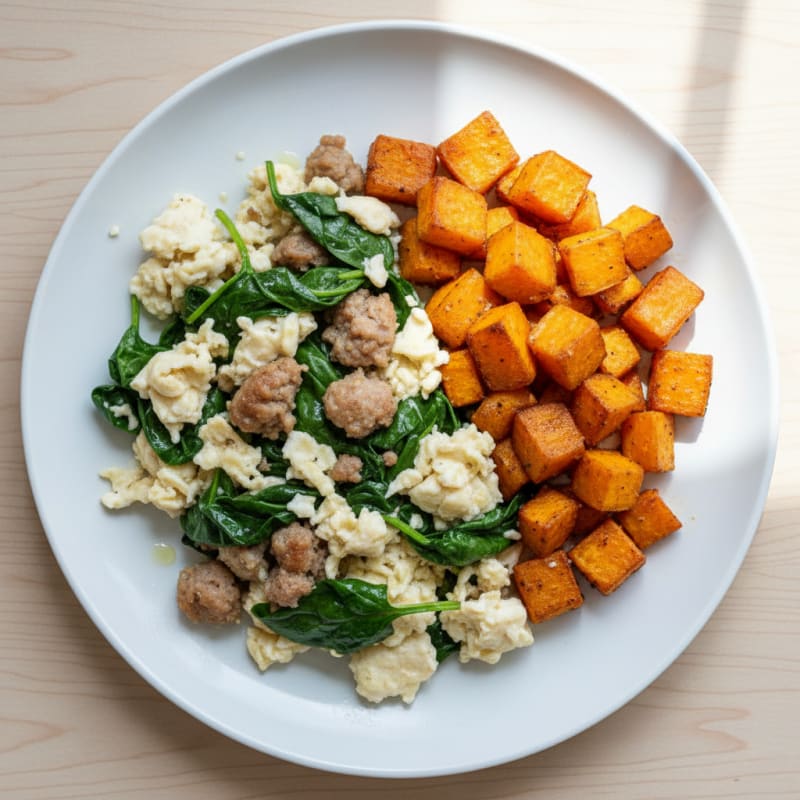 Egg White and Turkey Sausage Scramble with Spinach and Roasted Sweet Potato