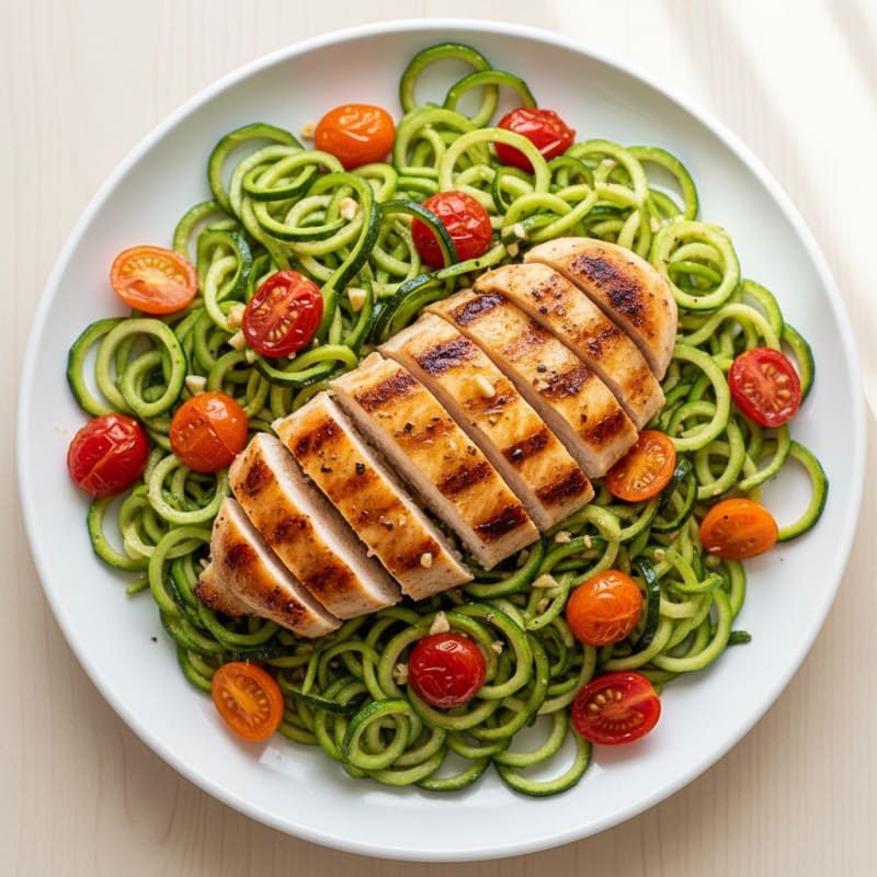 Grilled Chicken Breast with Zucchini Noodles and Cherry Tomatoes