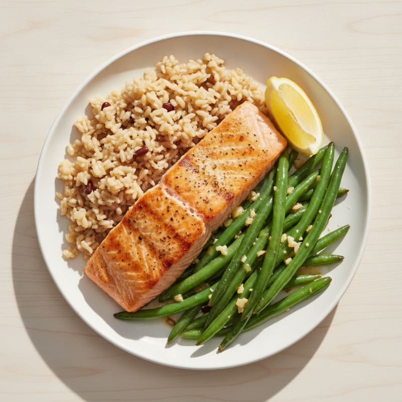 Seared Salmon Fillet with Garlic Green Beans and Brown Rice