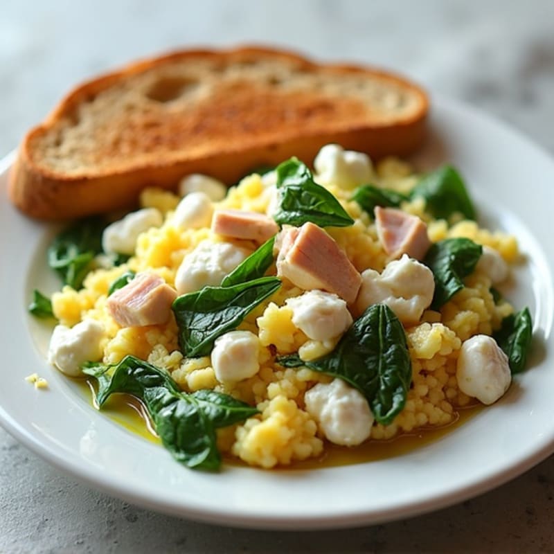 Egg White and Spinach Scramble with Cottage Cheese and Sliced Turkey