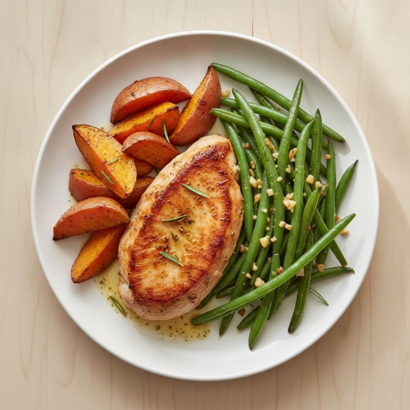 Seared Turkey Breast with Roasted Sweet Potatoes and Green Beans