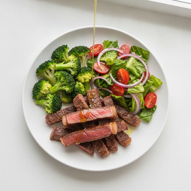 Seared Beef Strips with Steamed Broccoli and Tomato Salad