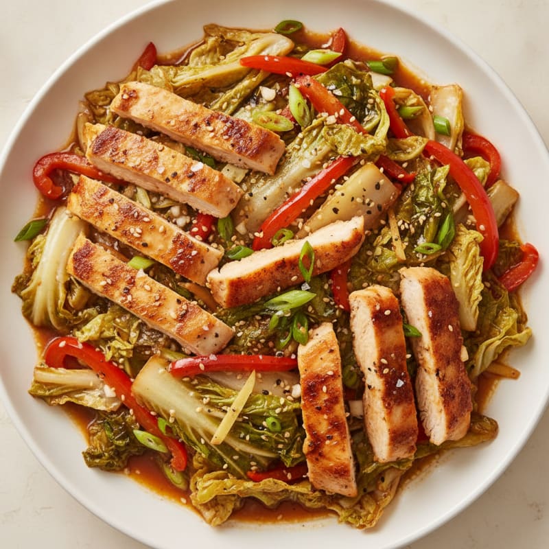 Garlic Sesame Chinese Cabbage Stir-Fry with Seared Chicken