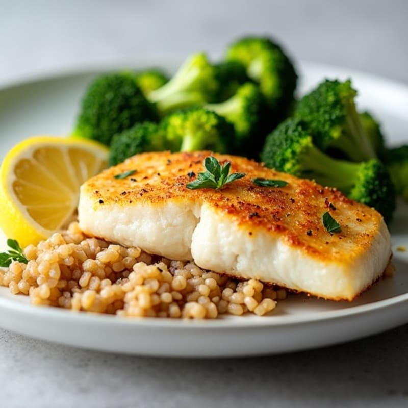 Baked Cod with Steamed Broccoli and Brown Rice