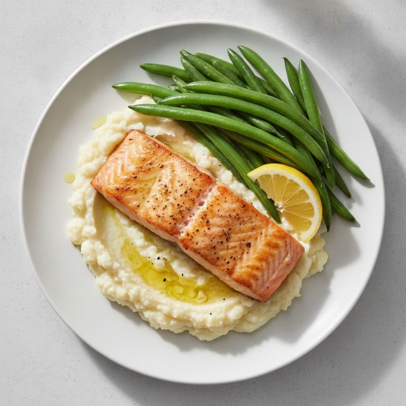 Seared Salmon Fillet with Steamed Green Beans and Cauliflower Mash