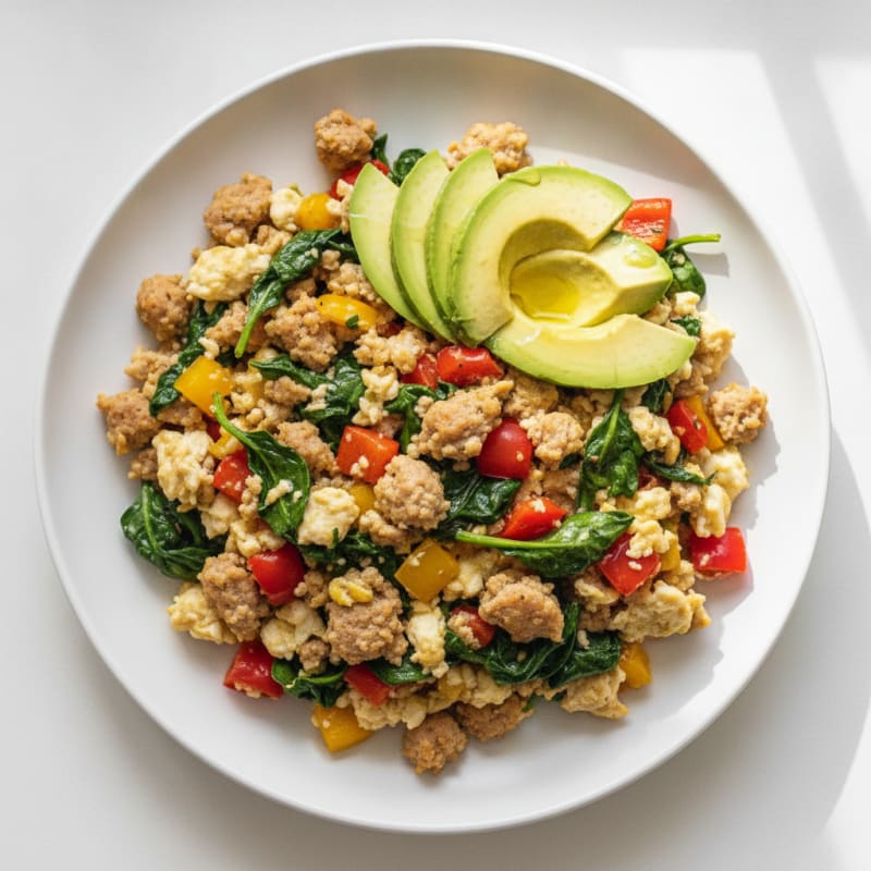 Egg White and Turkey Sausage Scramble with Spinach and Bell Peppers