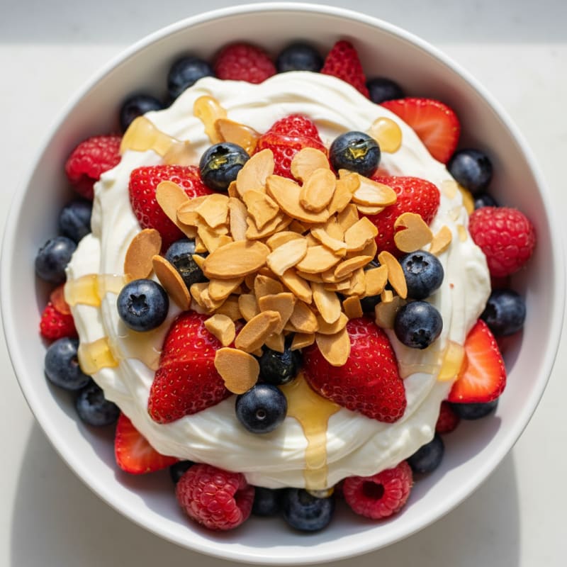 Greek Yogurt Protein Parfait with Mixed Berries and Almonds
