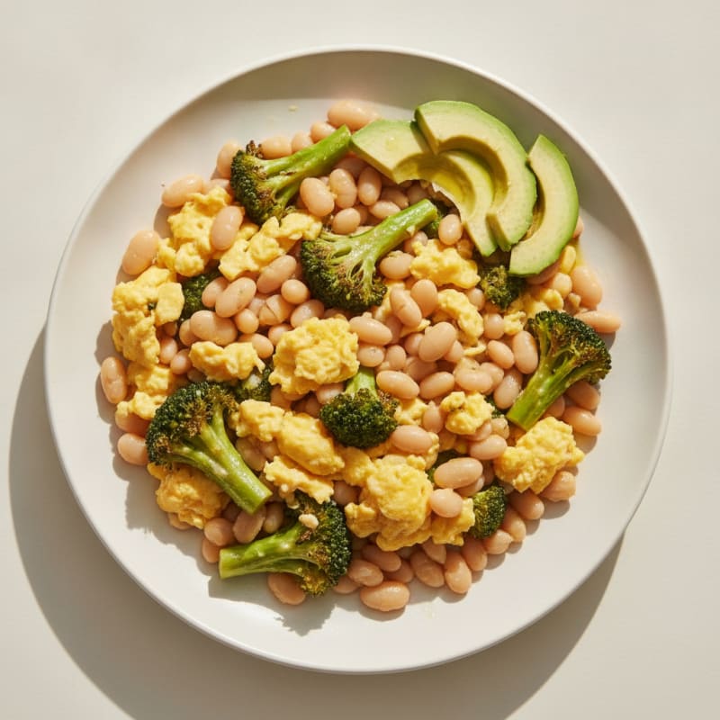 Scrambled Eggs with Sautéed Broccoli and White Beans