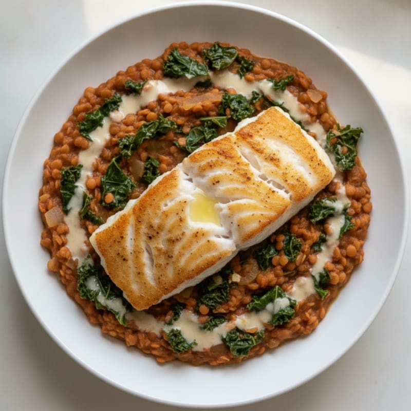 Seared Cod with Creamy Lentil and Kale Stew