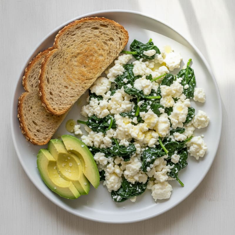 Egg White and Cottage Cheese Scramble with Sautéed Spinach