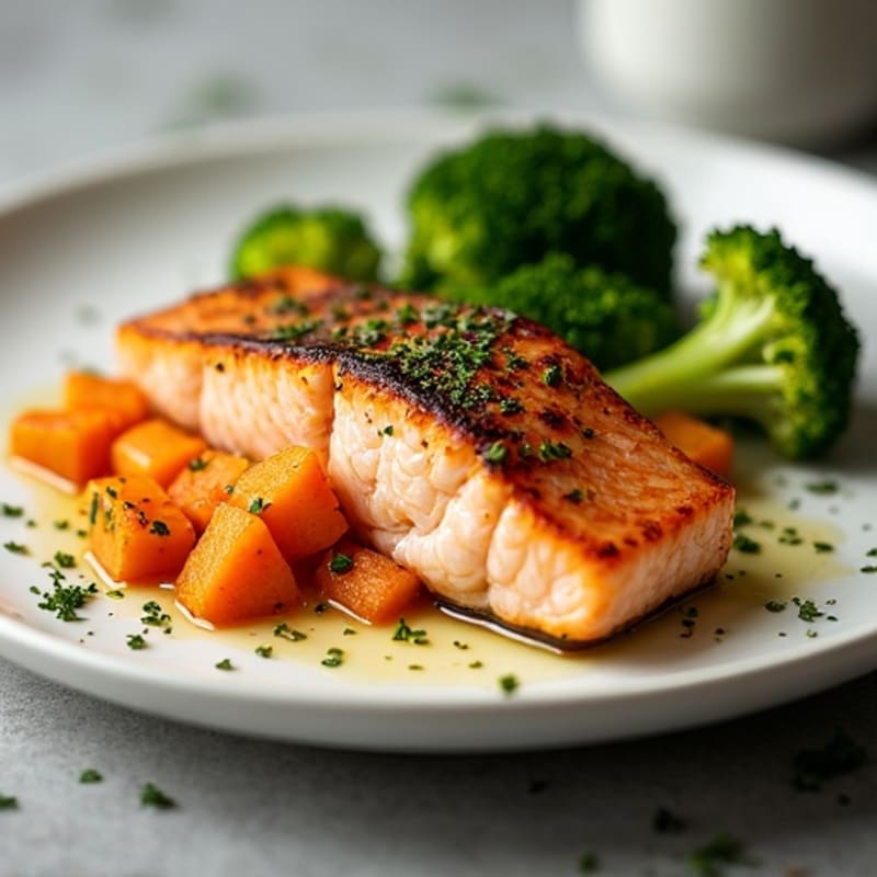 Herb-Roasted Salmon with Crispy Sweet Potato and Steamed Broccoli