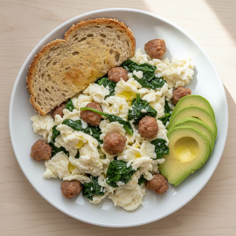 Egg White and Turkey Sausage Scramble with Sautéed Spinach