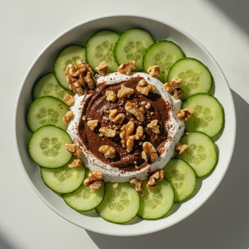 Protein Yogurt Parfait with Chocolate Protein Powder and Sliced Cucumbers