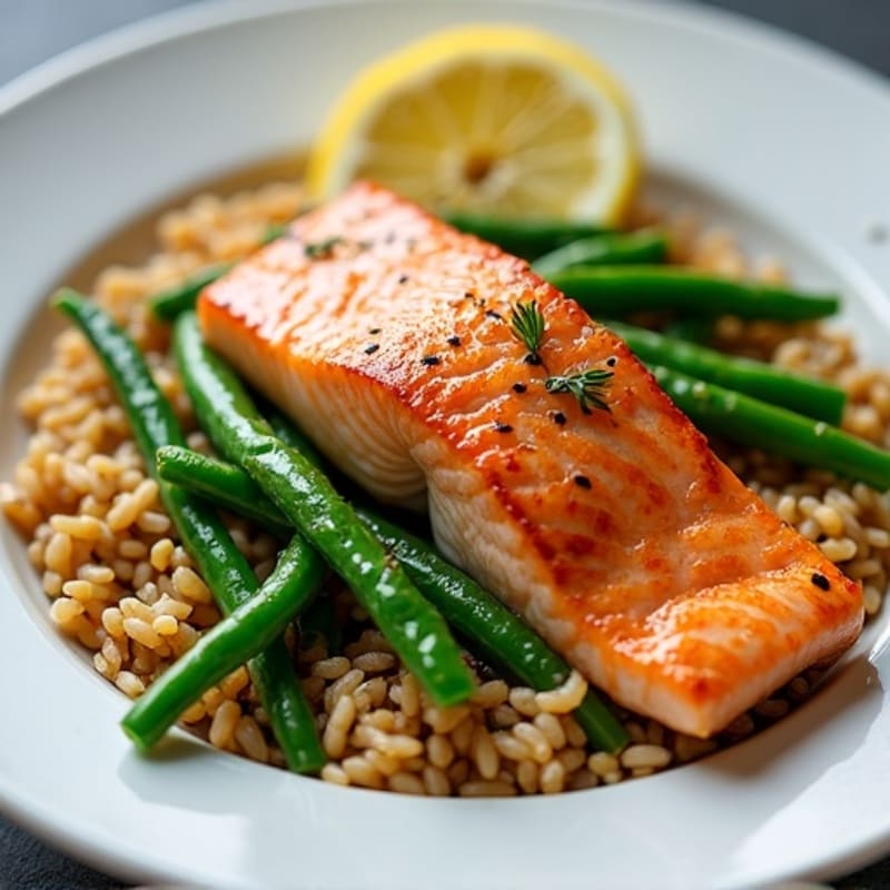 Seared Salmon with Garlicky Green Beans and Brown Rice