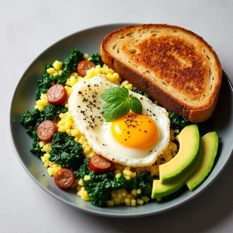 Egg White and Turkey Sausage Scramble with Sautéed Spinach, Toast & Avocado