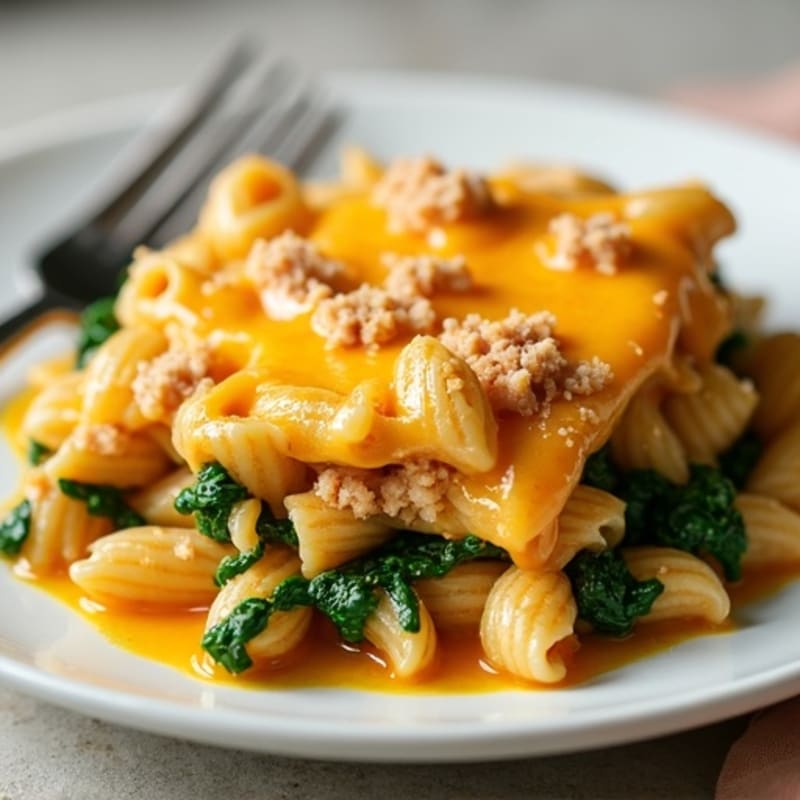 Creamy Butternut Squash Cheesy Pasta Bake with Lean Ground Turkey and Spinach
