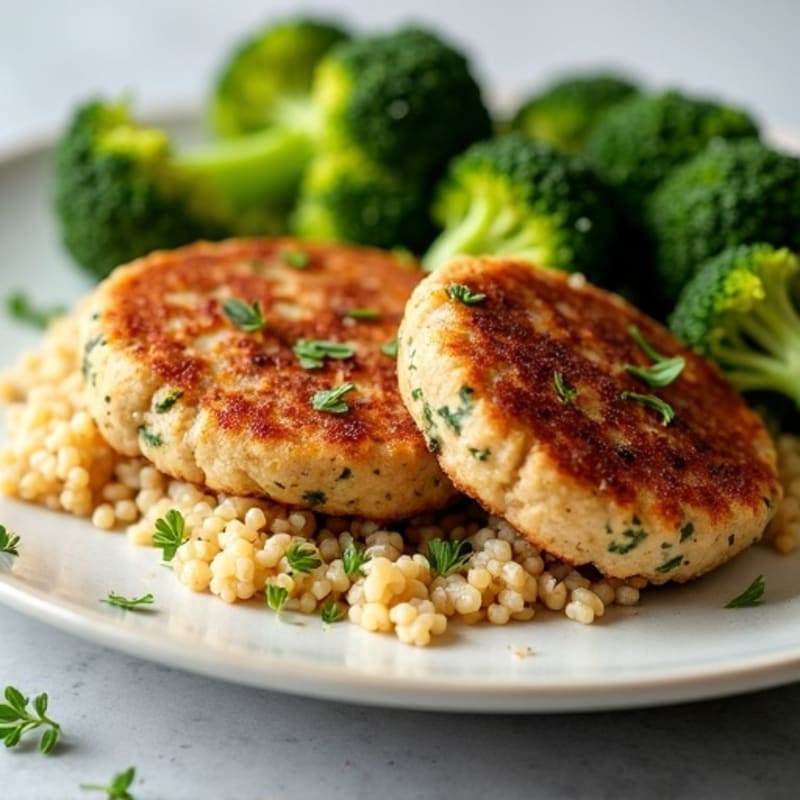Seared Turkey Patties with Roasted Broccoli and Quinoa