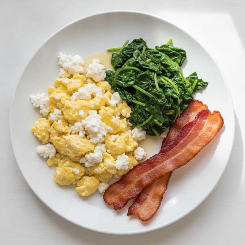 Cottage Cheese Scramble with Sautéed Spinach and Turkey Bacon