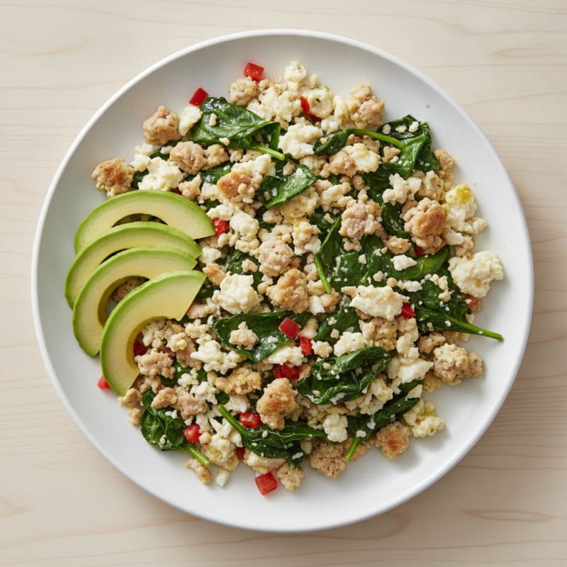 Egg White and Turkey Sausage Scramble with Sautéed Spinach