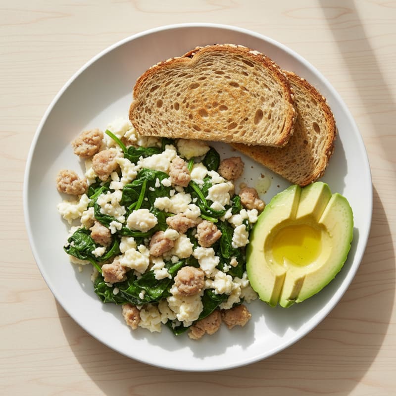 Egg White and Turkey Sausage Scramble with Sautéed Spinach