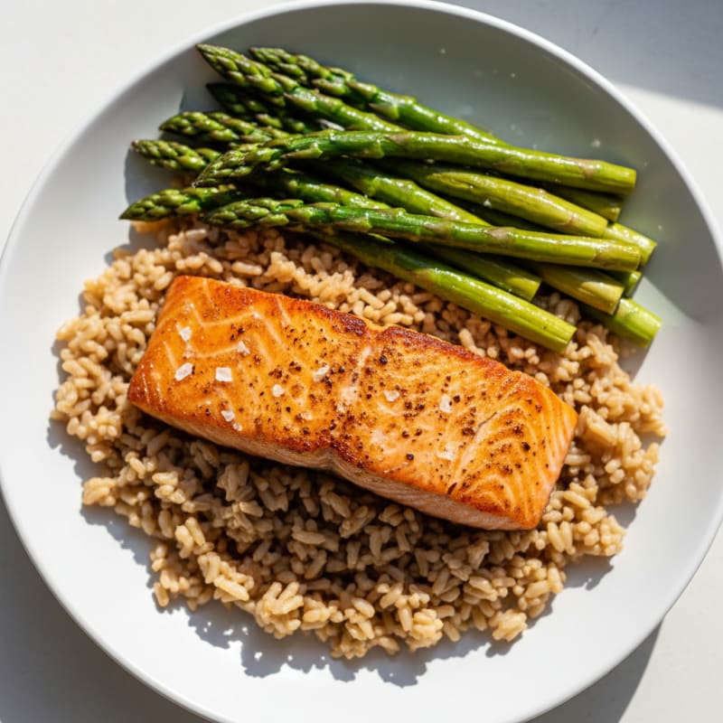Seared Salmon with Steamed Asparagus and Brown Rice