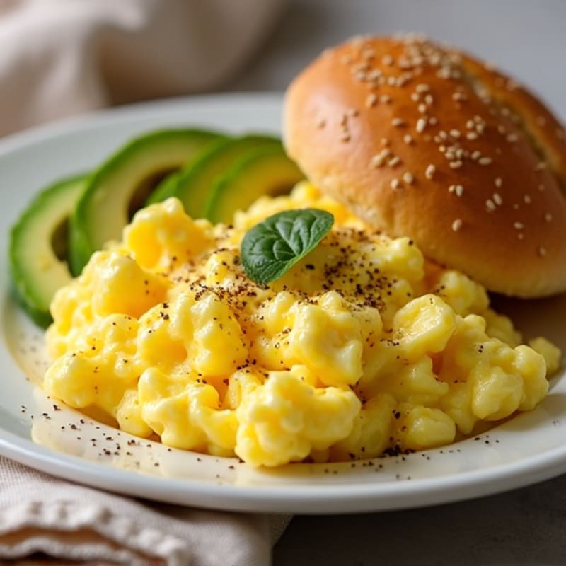 Fluffy Scrambled Eggs with Creamy Avocado and Crispy Toasted Buns