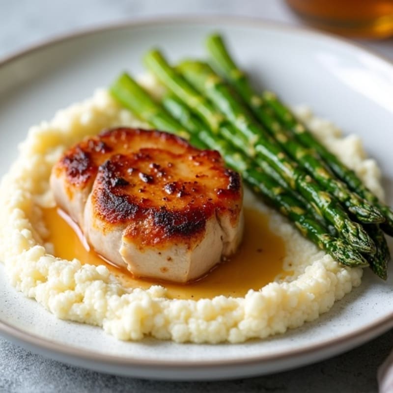 Maple-Glazed Pork Tenderloin with Creamy Cauliflower Mash and Roasted Asparagus