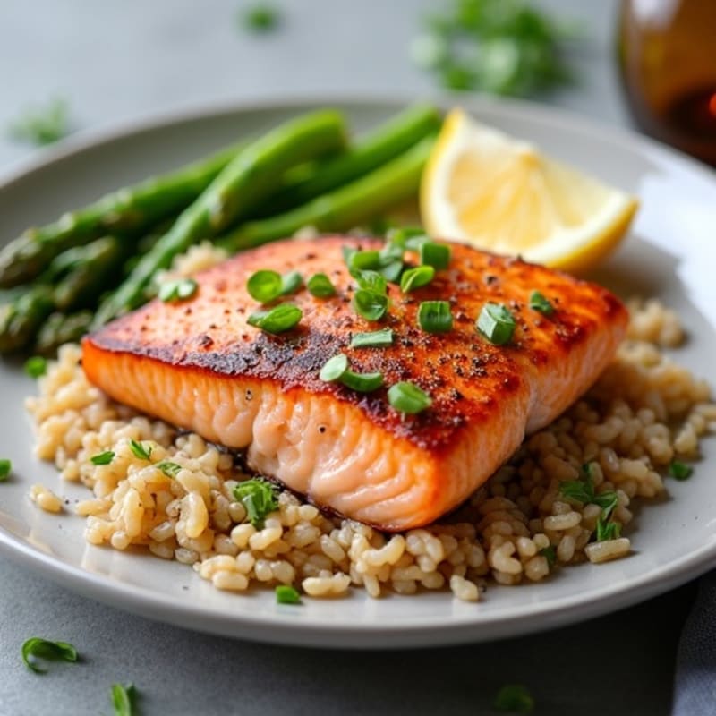 Seared Salmon with Steamed Asparagus and Brown Rice