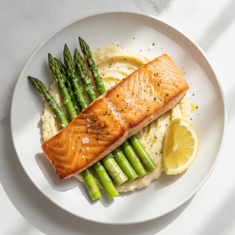 Seared Salmon with Steamed Asparagus and Garlic Cauliflower Mash