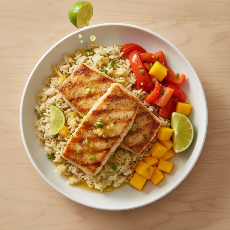 Pan-Seared Mahi Mahi with Citrus-Garlic Rice and Sautéed Peppers