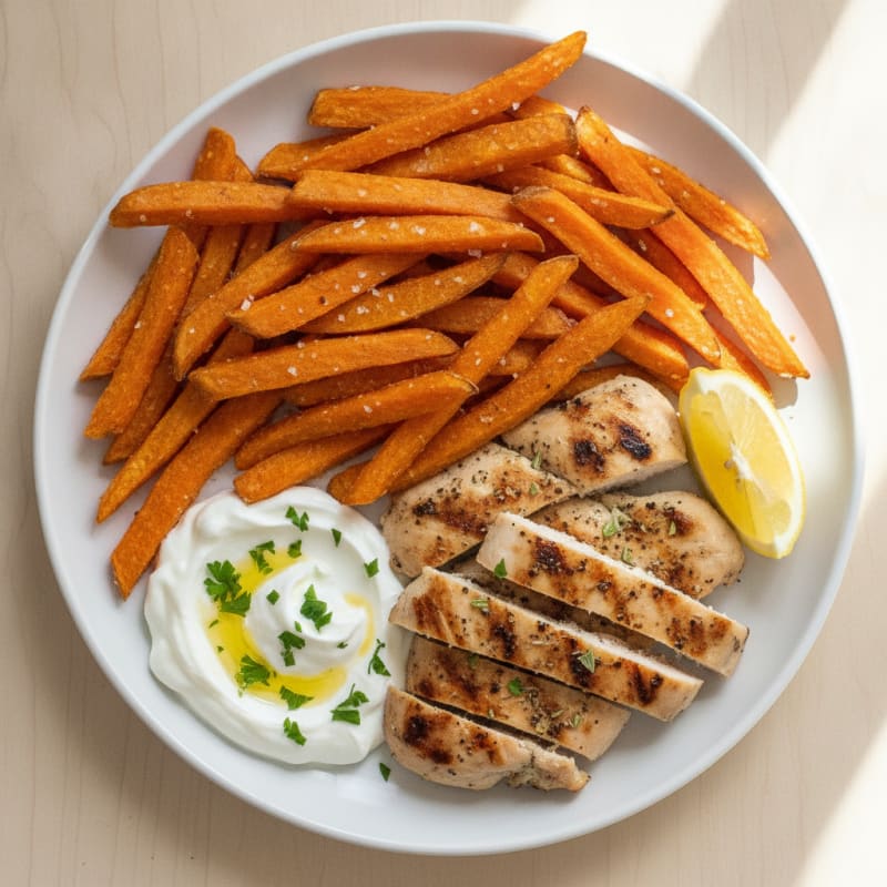 Baked Sweet Potato Fries with Garlic-Herb Chicken