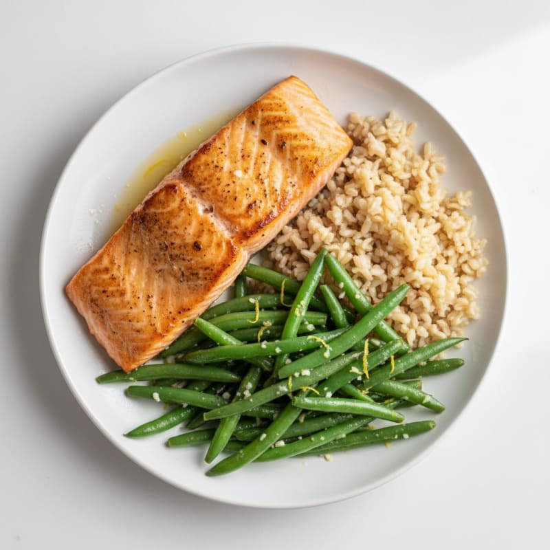 Seared Salmon with Garlic Green Beans and Brown Rice