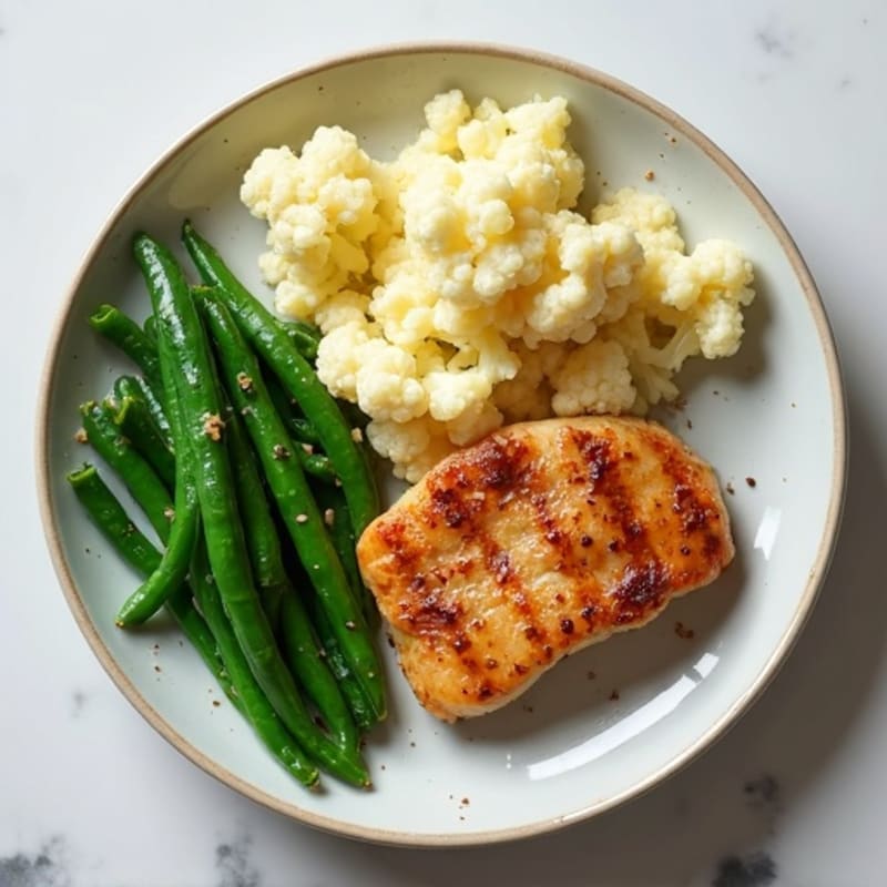 Seared Chicken Breast with Steamed Green Beans and Garlic Mashed Cauliflower