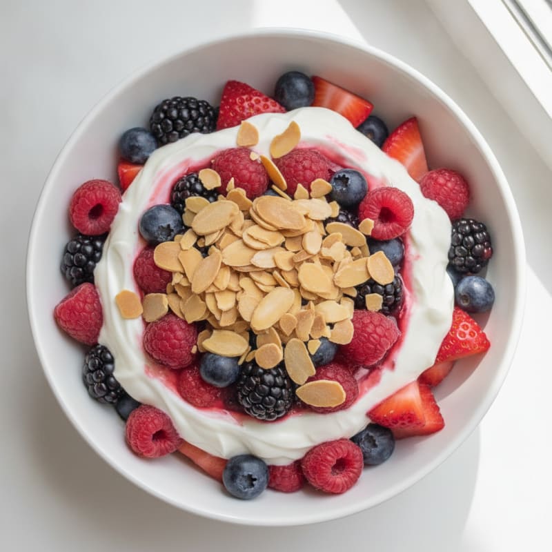 Greek Yogurt Protein Parfait with Mixed Berries and Almonds
