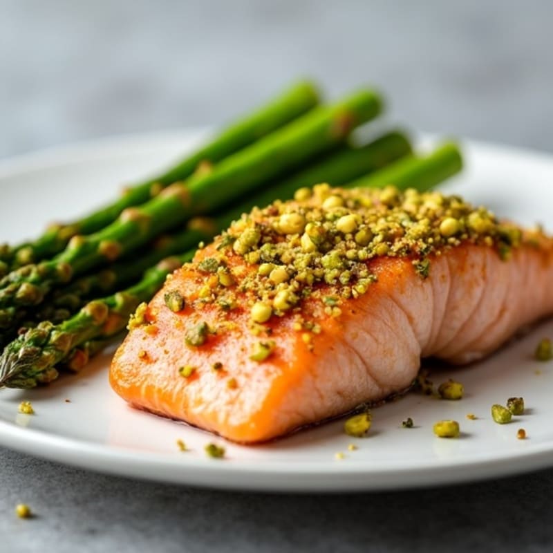 Crispy Pistachio Crusted Salmon with Roasted Asparagus