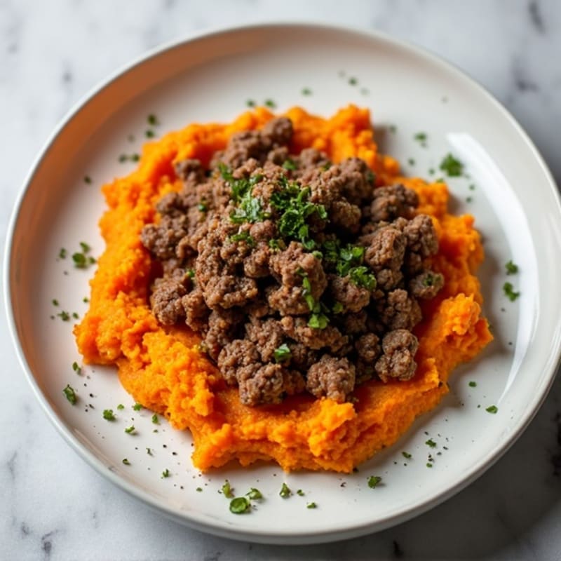 Herb-Seasoned Ground Beef with Roasted Sweet Potato Mash