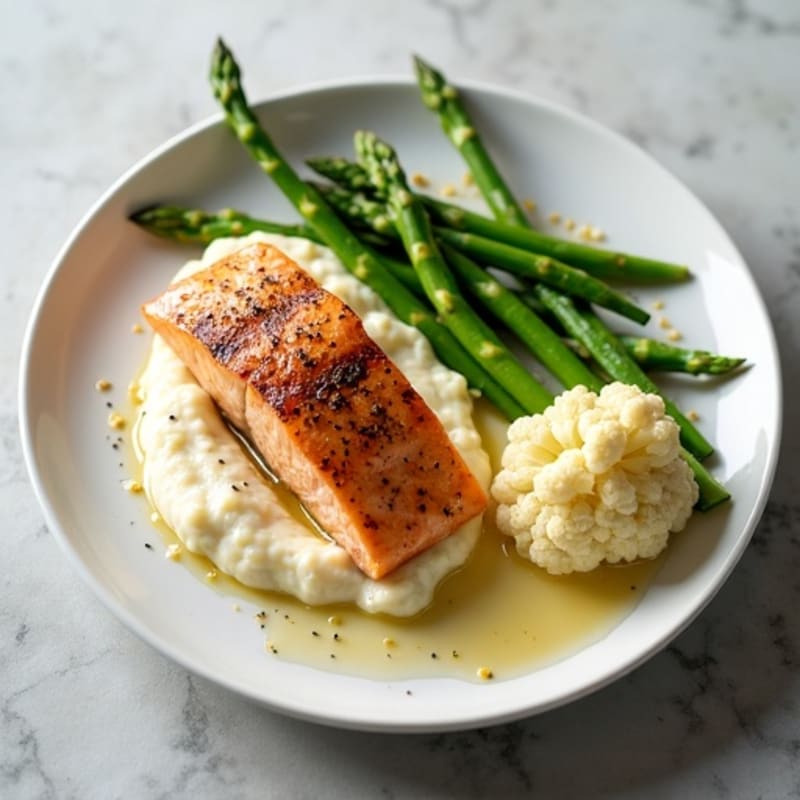 Seared Salmon with Steamed Asparagus and Cauliflower Mash