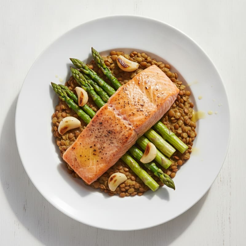 Baked Salmon with Garlic Asparagus and Lentil Mash
