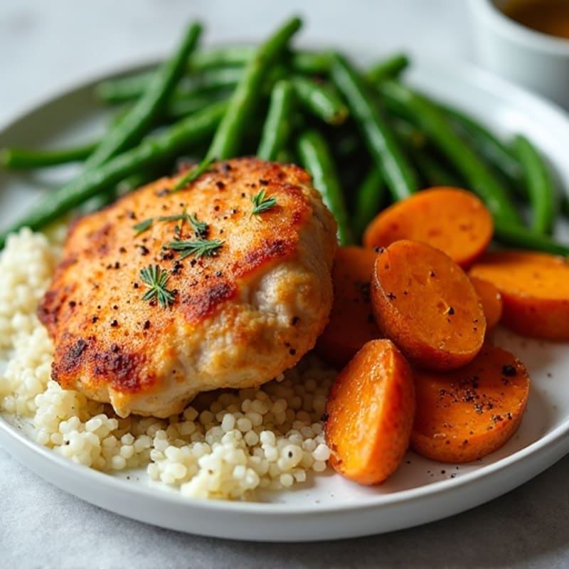 Crispy Baked Chicken Thighs with Roasted Sweet Potatoes and Green Beans