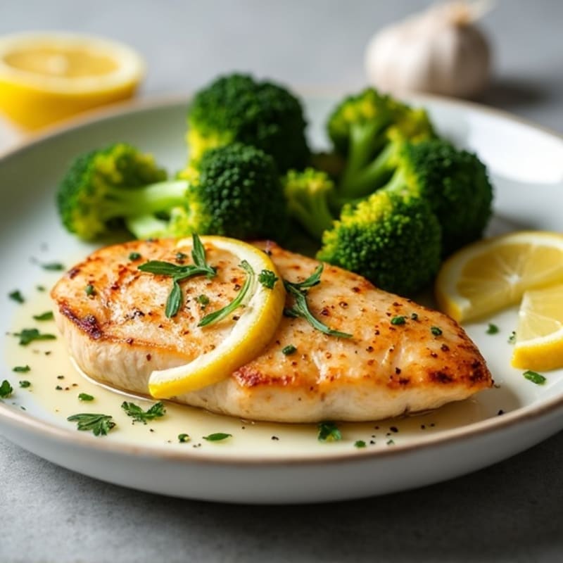 Lemon Garlic Pan-Seared Chicken Breast with Roasted Broccoli