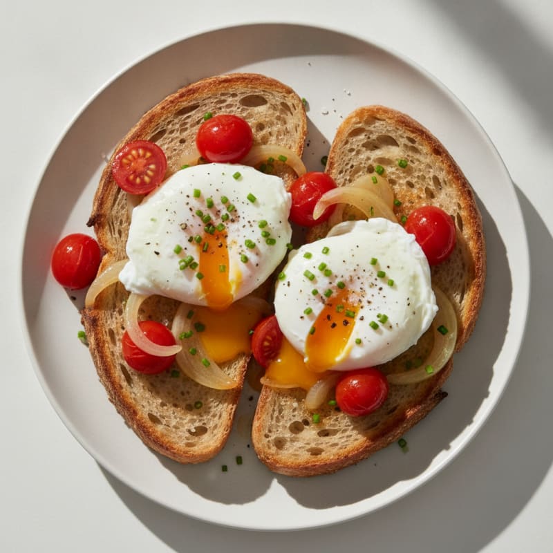 Poached Eggs on Sourdough with Steamed Tomatoes and Onion