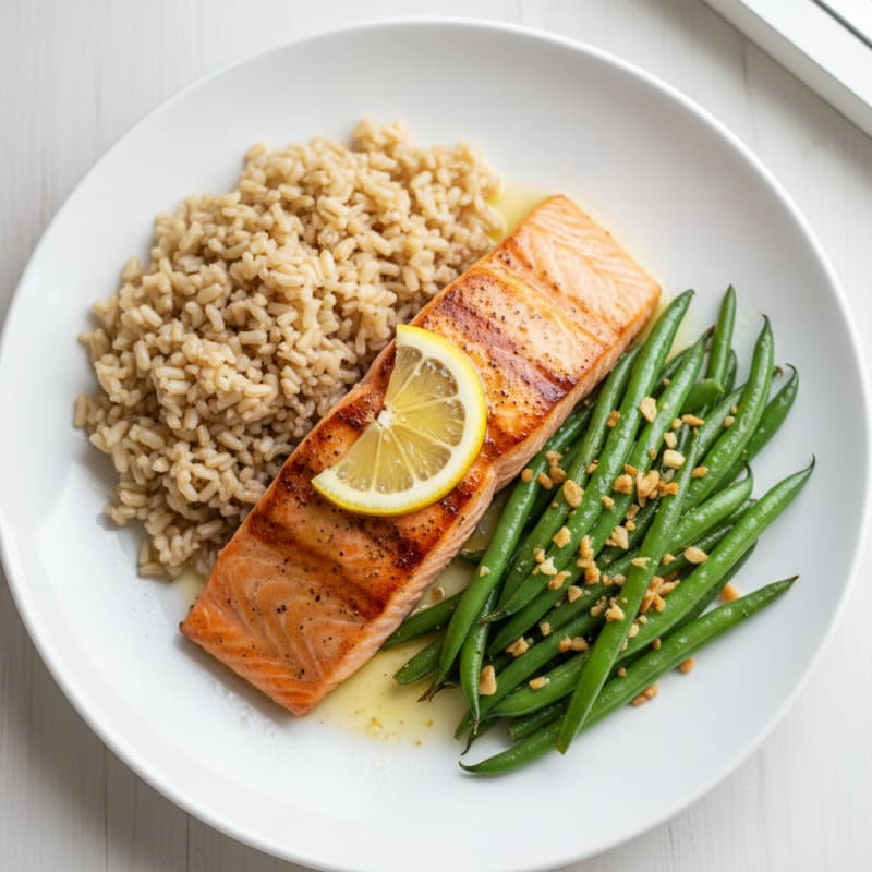 Seared Salmon with Garlic Green Beans and Brown Rice