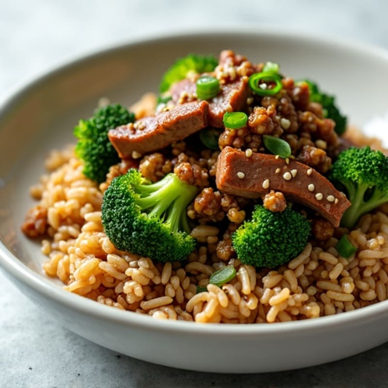 Garlic-Ginger Beef and Crispy Broccoli Stir-Fry with Brown Rice