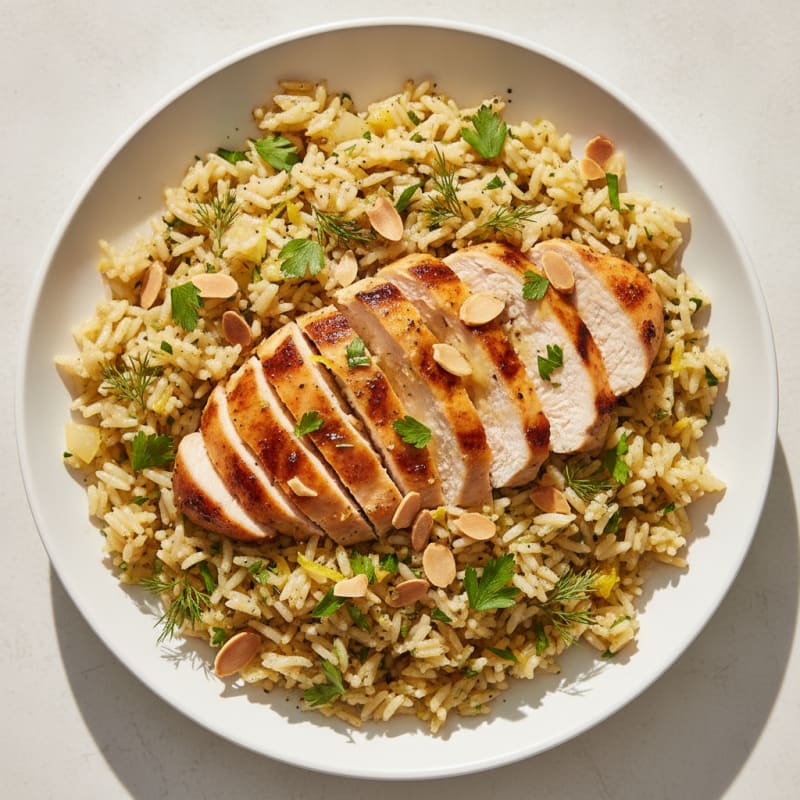 Lemon Herb Rice Pilaf with Toasted Almonds and Grilled Chicken