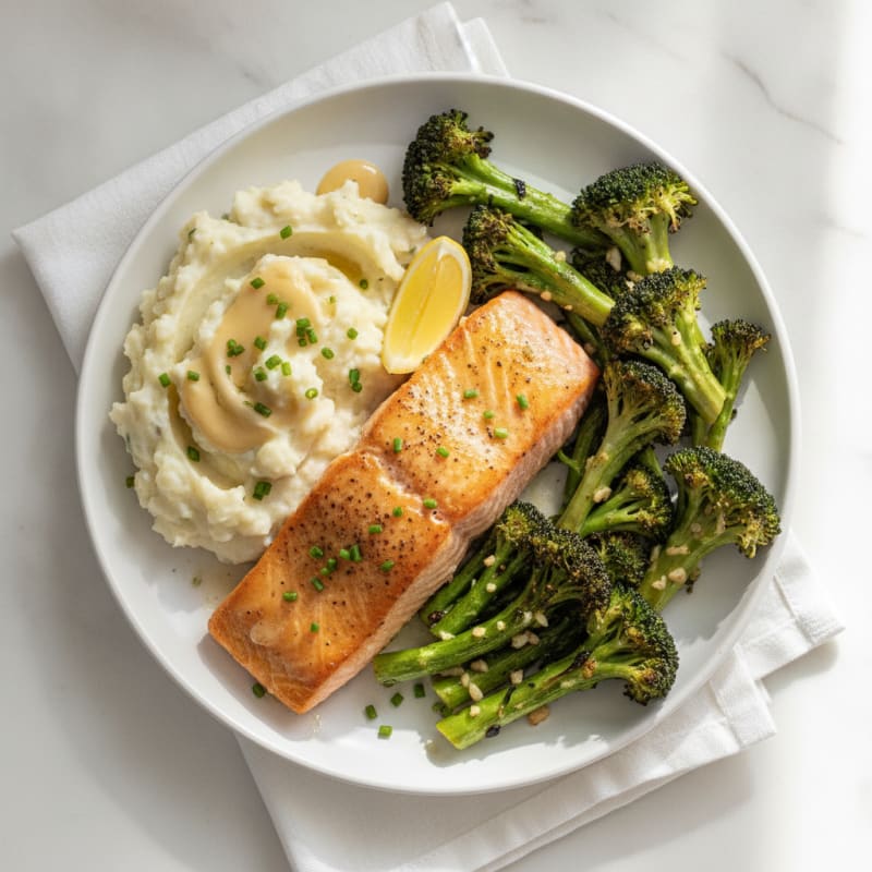 Seared Salmon with Roasted Broccoli and Garlic Mashed Potatoes