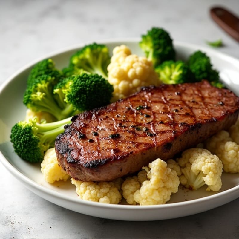 Seared Lean Beef with Roasted Broccoli and Cauliflower