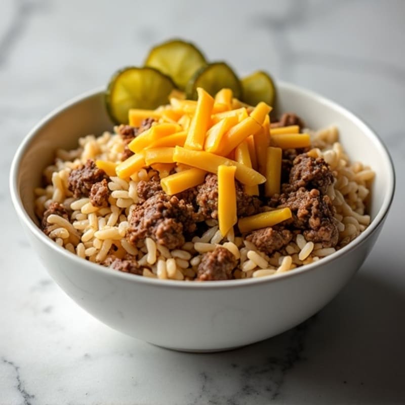 Lean Ground Beef and Brown Rice Bowl with Tangy Dill Pickles and Melted Cheddar
